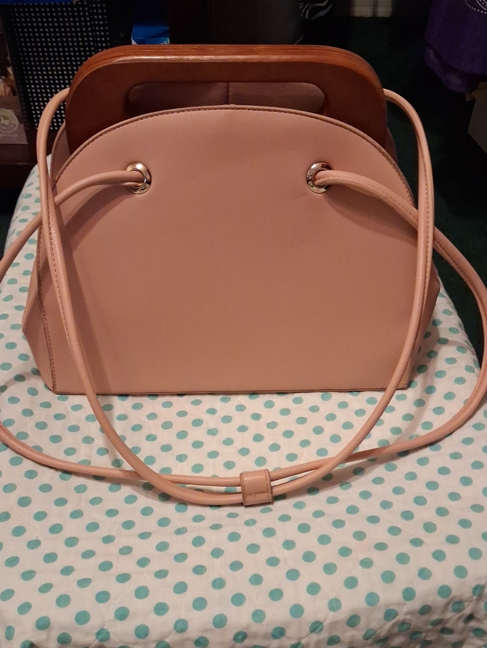 Pink Shoulder Bag with Wooden Top Handle